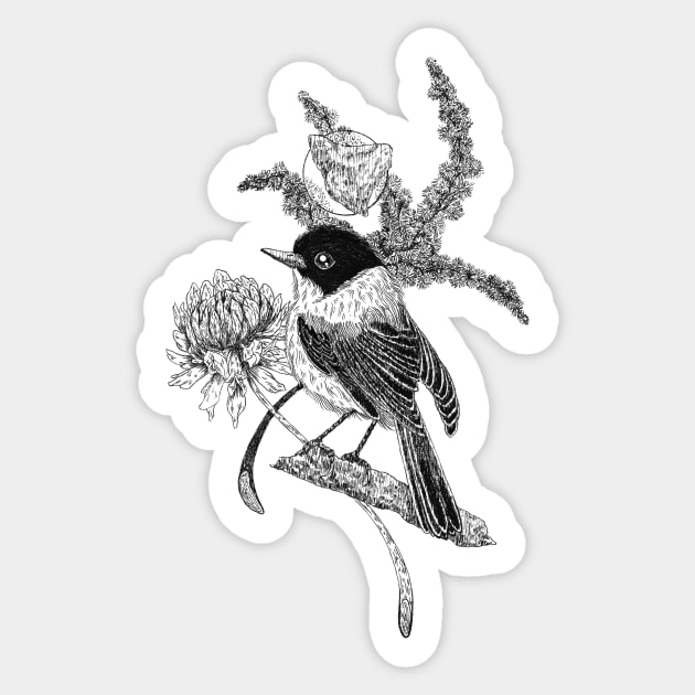 Flycatcher Bird & Flowers | Black Sticker by Heymerac